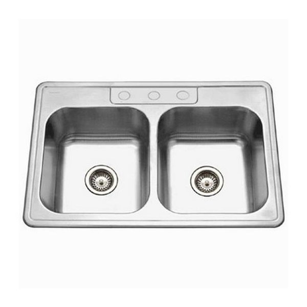 Houzer Houzer 3322-9BS3-1 9 in. Deep Glowtone Series Topmount Stainless Steel 3 Hole 50 & 50 Double Bowl Kitchen Sink 3322-9BS3-1
